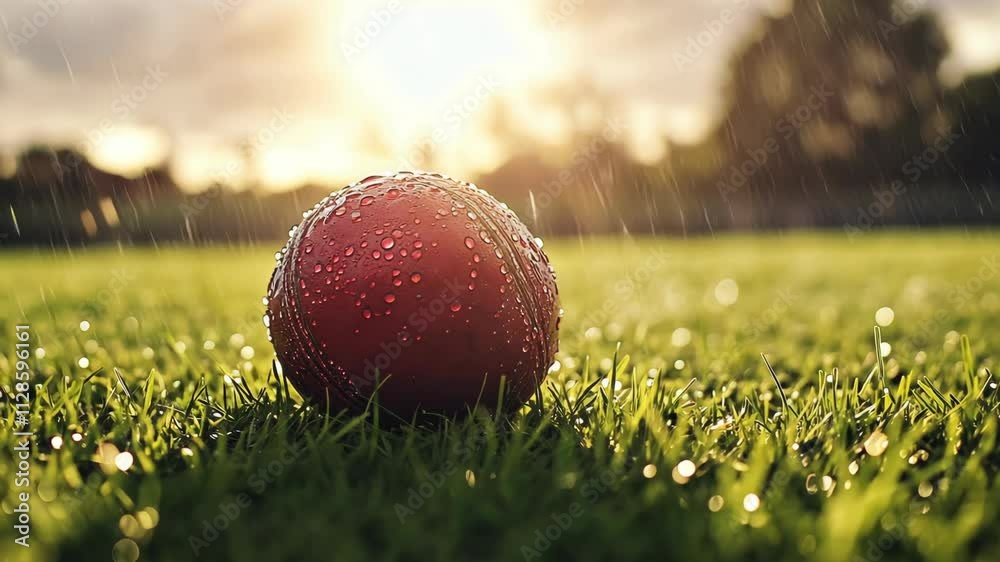 Red cricket ball resting on wet grass under the golden sunlight during a rainy afternoon
