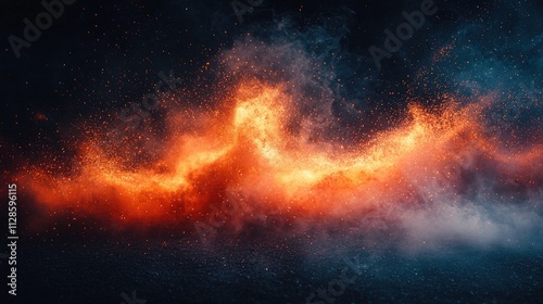 Fiery orange and blue flames with sparks and smoke on dark background.