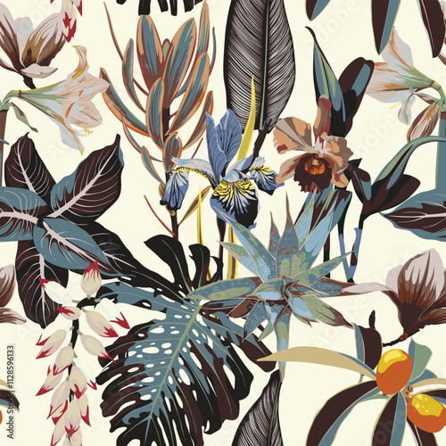 Beautiful vintage Floral pattern in the many kind of flowers, palm leaves. Tropical botanical Motifs scattered random. Seamless vector texture. Fashion prints. Printing.