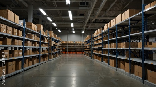 Cardboard boxes on shelves in a large warehouse. photo