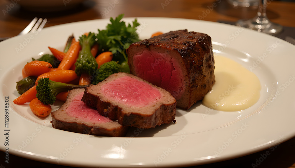 Sliced medium-rare beef steak with vegetables and puree Sliced medium-rare beef steak with vegetables and puree