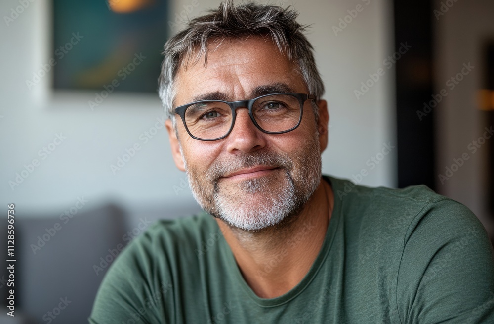 Middle-aged man with glasses smiling confidently in a casual setting Middle-aged man with glasses smiling confidently in a casual setting