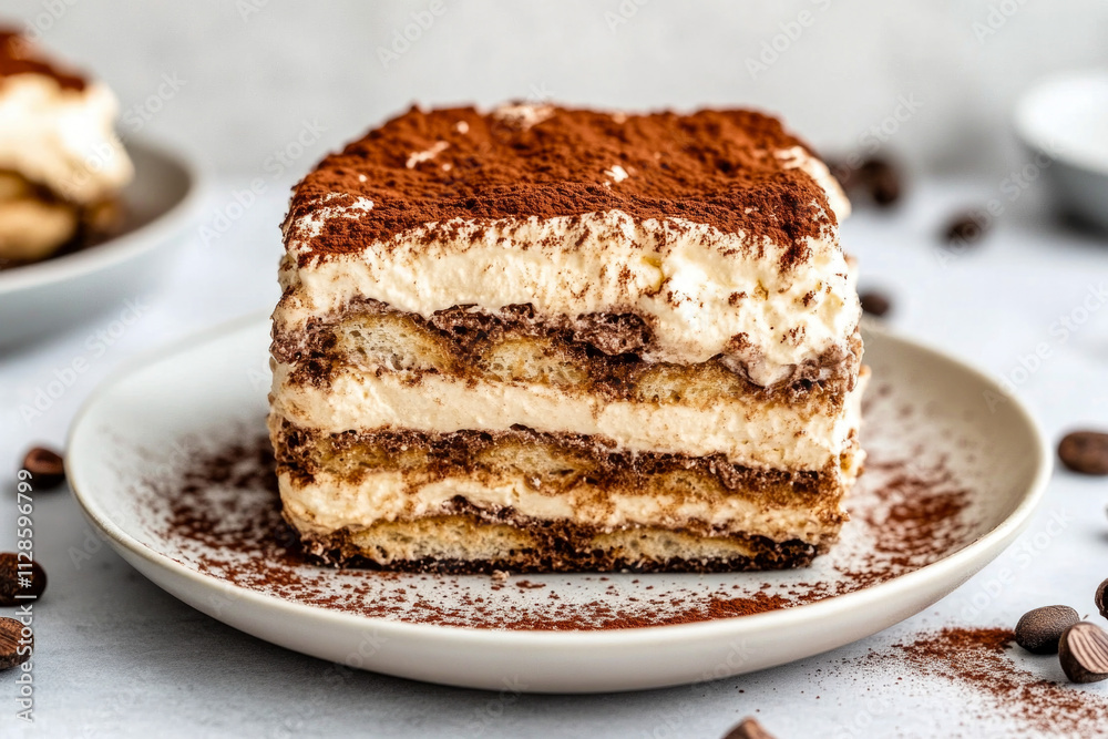Delicious tiramisu slice with cocoa dusting on plate Delicious tiramisu slice with cocoa dusting on plate