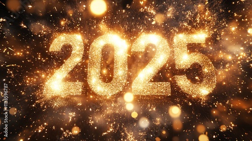 Golden "2025" on a sparkling background with on a sparkling bokeh background. perfect for New Year's celebrations.