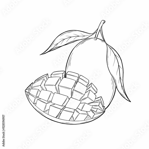 Line drawing mango on white background. Tropical fruitage mango hand drawn. Coloring book page.