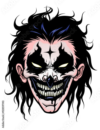 Crazy clown ink vectorized illustration. Smiling face of a terrifying clown vector illustration. 