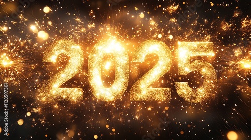 Golden "2025" on a sparkling background with on a sparkling bokeh background. perfect for New Year's celebrations.