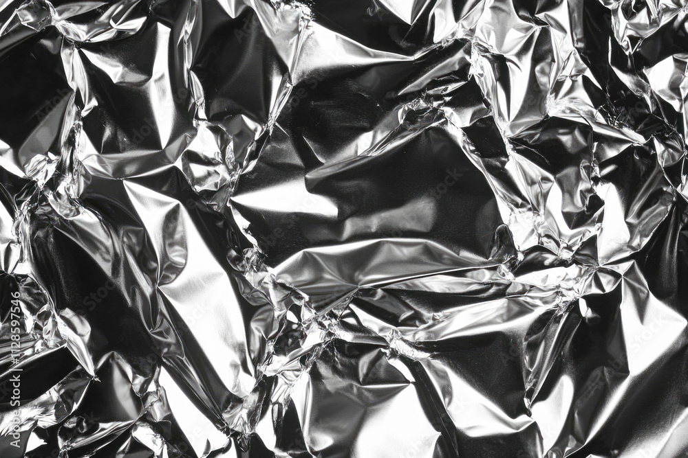 Crumpled silver aluminum foil texture with reflective surface Crumpled silver aluminum foil texture with reflective surface