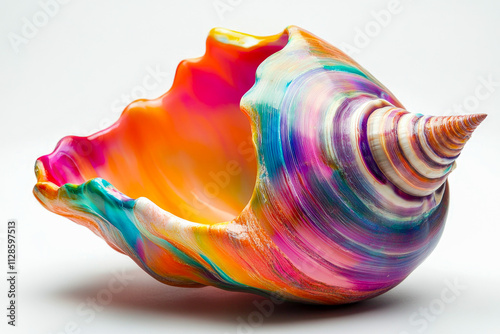 Vibrant multicolored seashell with spiral patterns on white background