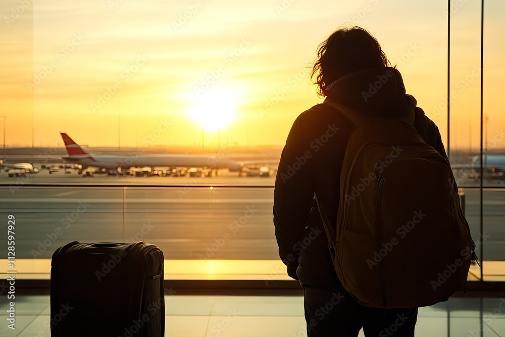 Fototapeta premium Traveler Walking in Airport at Sunset