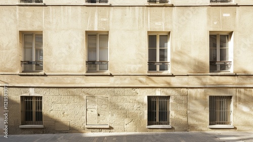 Contemporary Parisian minimalist architecture, facing a wall with windows and doors, sunny afternoon light, serene and peaceful, no people.