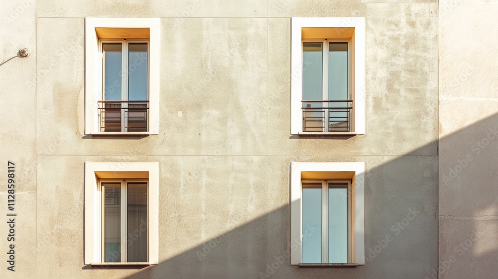 Contemporary Parisian minimalist architecture, facing a wall with windows and doors, sunny afternoon light, serene and peaceful, no people. Contemporary Parisian minimalist architecture, facing a wall with windows and doors, sunny afternoon light, serene and peaceful, no people.