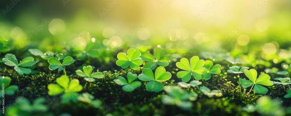 Lush Green Shamrock Leaves in Forest Dew Drops Sunlight Rays Bokeh Background