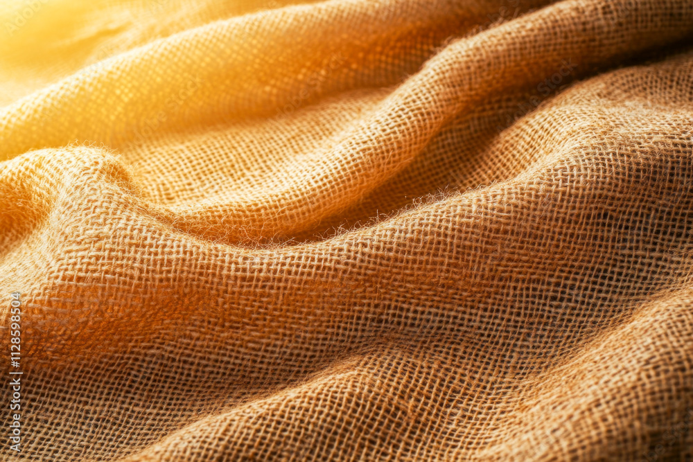 Textured burlap fabric in sunlit close-up with natural brown tones