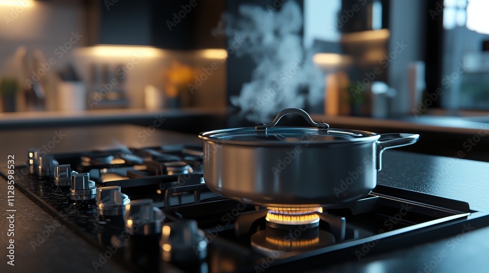 Modern Kitchen Cooking Stove with Pot on Gas Burner - A Culinary Scene Modern Kitchen Cooking Stove with Pot on Gas Burner - A Culinary Scene