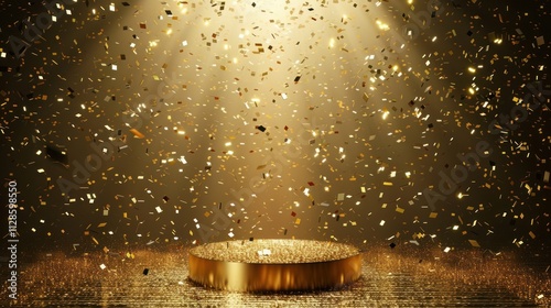 stage illustration with confetti on gold background