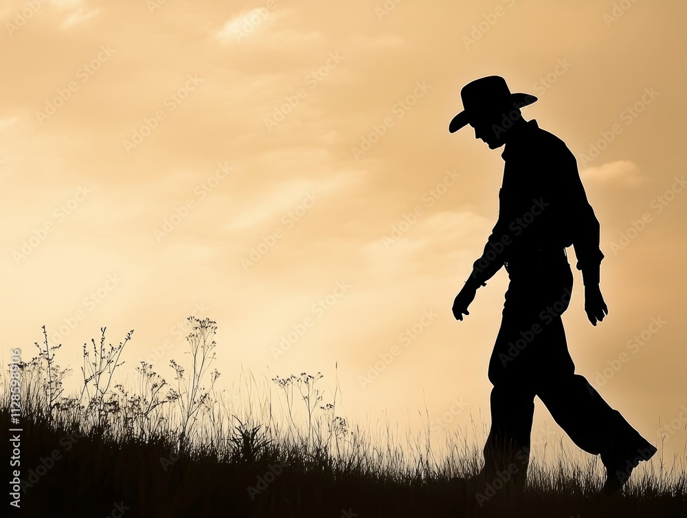 Cowboy silhouette walking in tall grass with guns. Freedom concept Cowboy silhouette walking in tall grass with guns. Freedom concept
