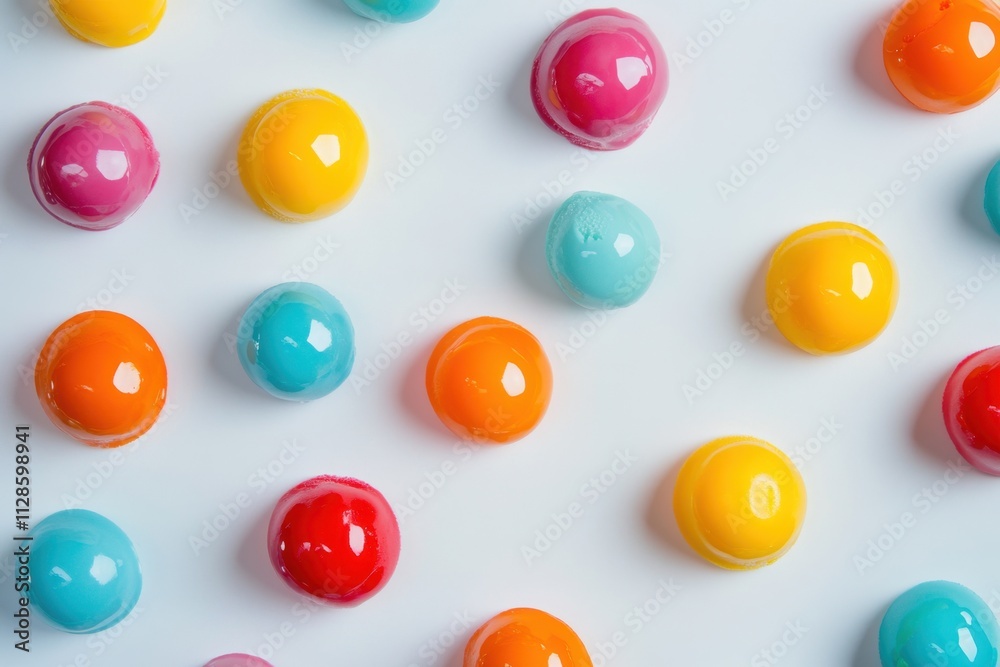 Fototapeta premium Colorful glossy spherical candies arranged on white background