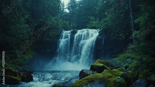 Majestic Waterfall Cascading Through Lush Green Forest, A Breathtaking Nature Scene photo