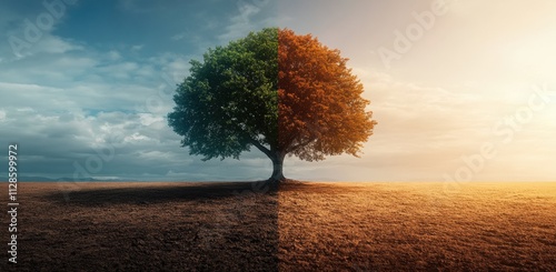 Solitary tree symbolizing seasonal transition in arid landscape