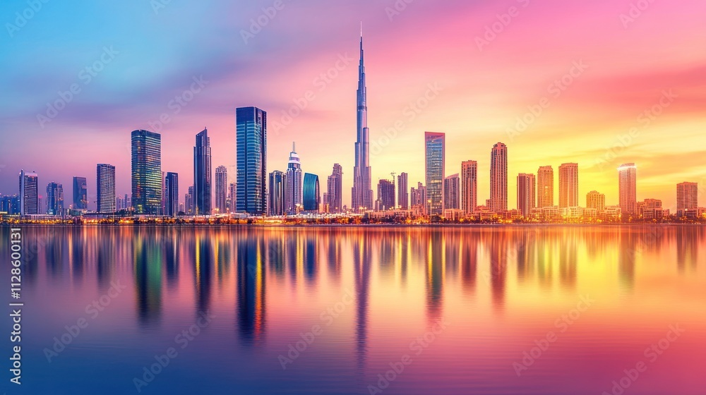 Obraz premium Vibrant sunset cityscape skyline reflected in calm water.