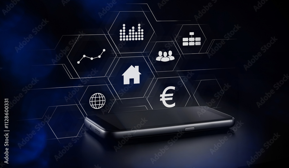 Smartphone isolated on black background. Property management icons, real estate marketing concept Smartphone isolated on black background. Property management icons, real estate marketing concept