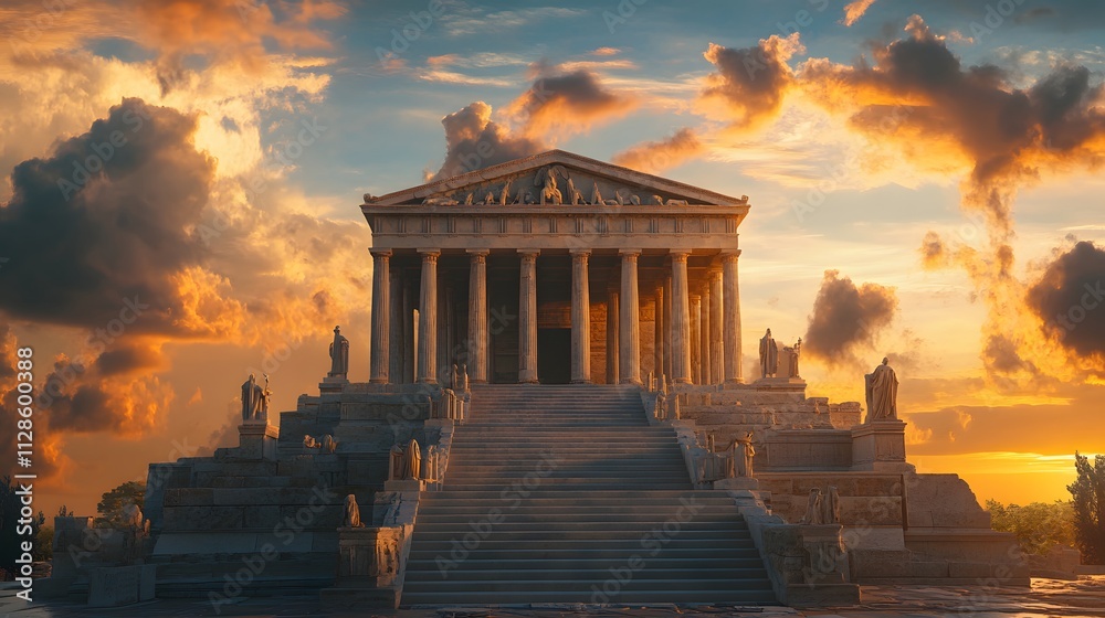 Obraz premium The Mausoleum at Halicarnassus adorned with detailed sculptures and grand staircases against a sunset sky.