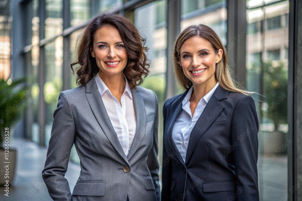 Two women in business suits stand next to each other in front of a glass building. They are smiling and appear to be happy