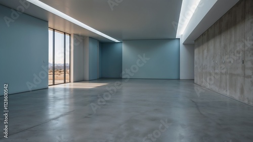 Wallpaper Mural Empty modern room featuring light blue walls, polished concrete floor, recessed ceiling lights, minimalist interior design, clean architectural space Torontodigital.ca