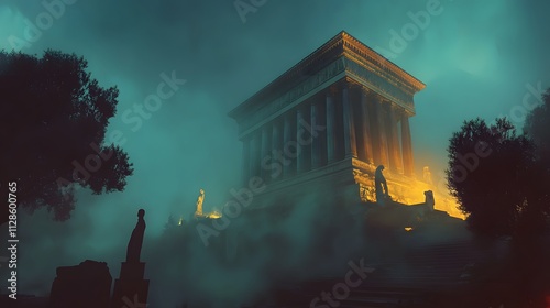 The Mausoleum at Halicarnassus shrouded in mist its towering structure glowing with eerie light.