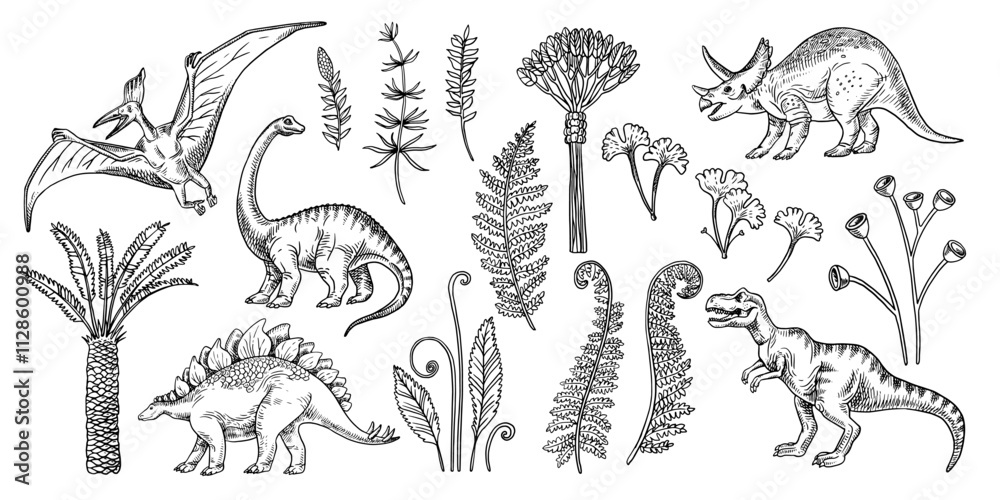 Hand drawn sketch dinosaurs set. Vector isolated illustration Hand drawn sketch dinosaurs set. Vector isolated illustration