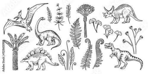 Hand drawn sketch dinosaurs set. Vector isolated illustration
