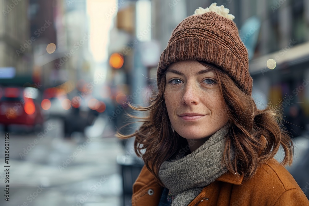 Portrait of a tender caucasian woman in her 40s sporting a trendy beanie on bustling city street background Portrait of a tender caucasian woman in her 40s sporting a trendy beanie on bustling city street background