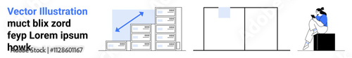 Files stacked with upward arrow, workspace with office desks and walls, person writing on a tablet. Ideal for office management, productivity, organization, workspace design, business growth, digital