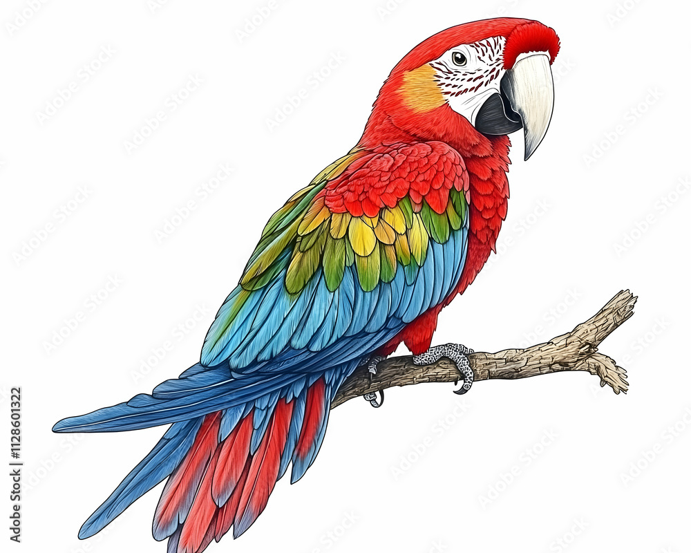 Fototapeta premium Scarlet macaw perched on a branch, detailed illustration.