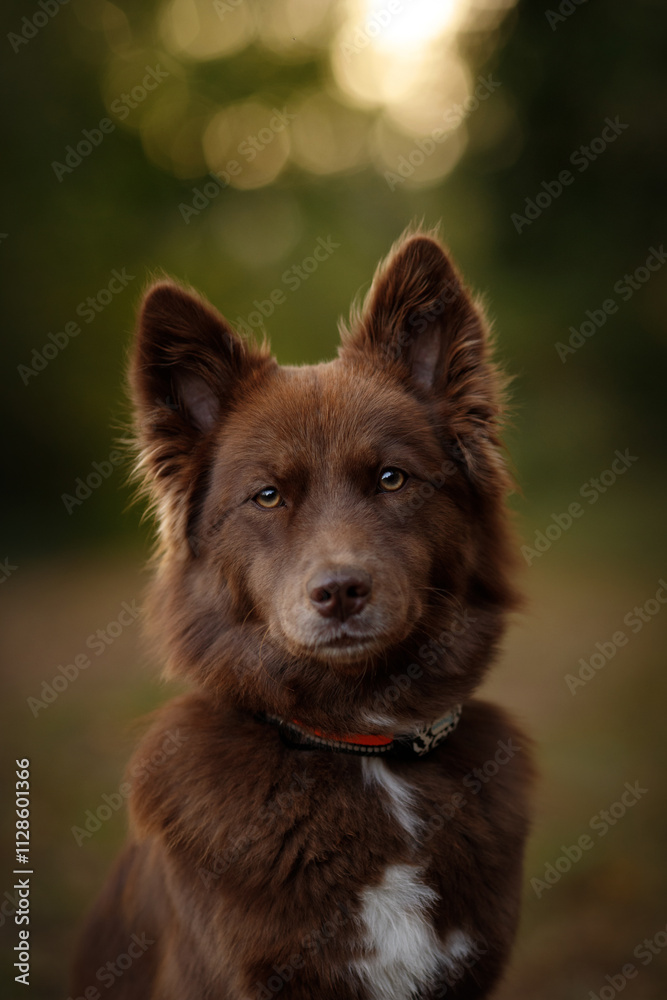 young small brown dog portrait in forest at sunset time young small brown dog portrait in forest at sunset time