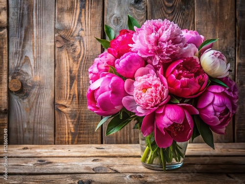A Lush Bouquet of Pink Peonies Against a Rustic Background with Ample Copy Space for Floral and Nature-Themed Projects