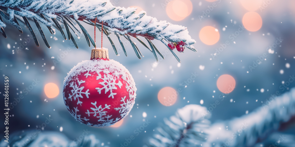 Closeup view as red bauble hanging on the fir tree branch in the forest. Christmas background. Closeup view as red bauble hanging on the fir tree branch in the forest. Christmas background.