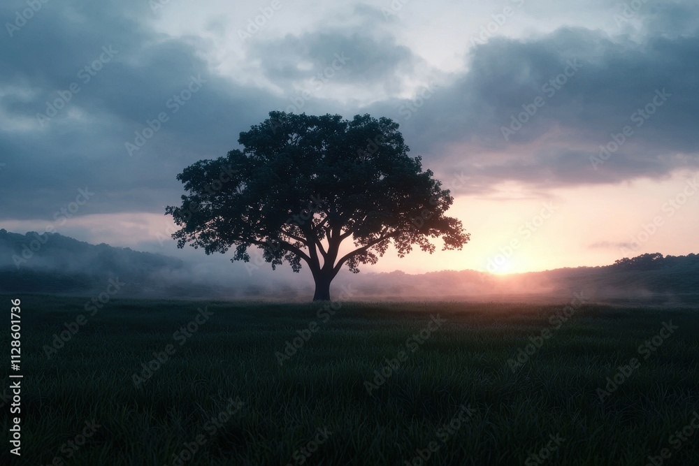 Fototapeta premium Serene Sunrise Misty Meadow Lone Tree Silhouette Autumn Landscape