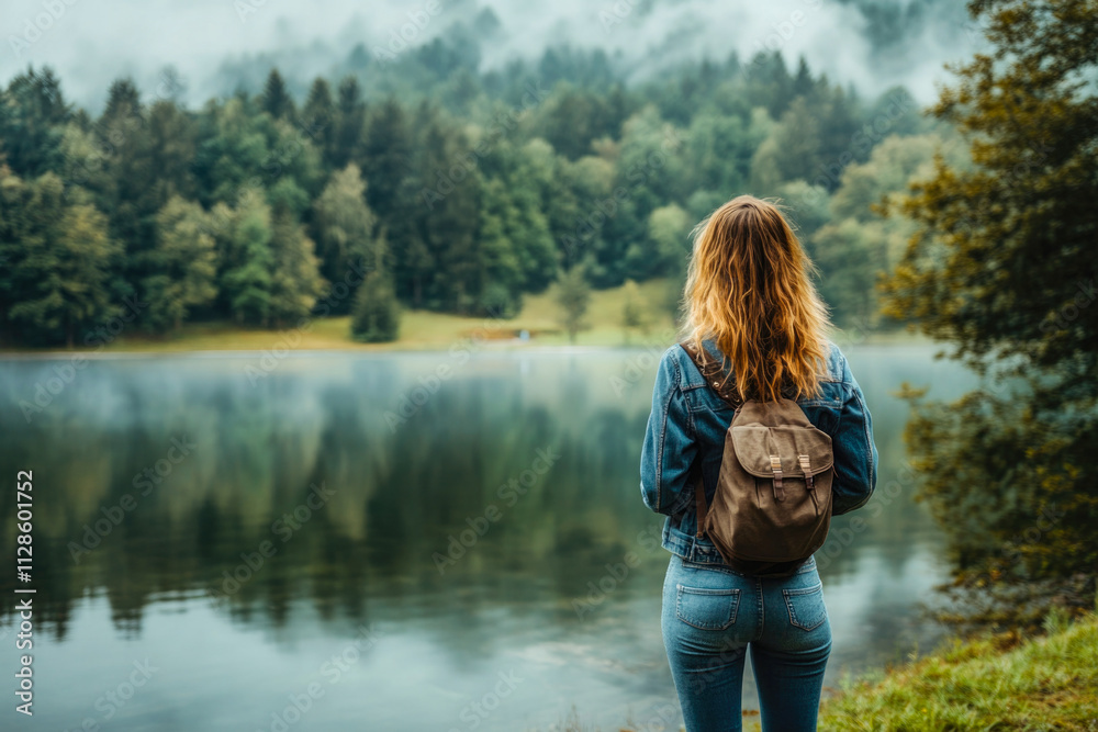 Young caucasian woman enjoying a serene lake view in nature Young caucasian woman enjoying a serene lake view in nature