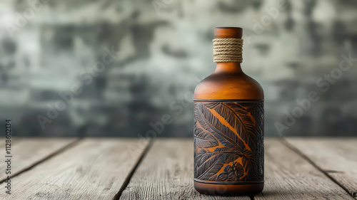 A roundbottomed rum bottle with handpainted piratethemed artwork, resting on a wooden ship deck, 3D render photo