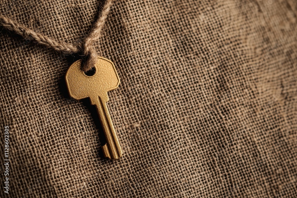 Highlighting financial security burlap bag and golden key Highlighting financial security burlap bag and golden key