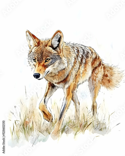Watercolor painting of a coyote in tall grass. photo