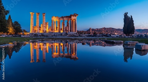 The Temple of Artemis glowing at twilight its grand columns reflected in a serene pool.