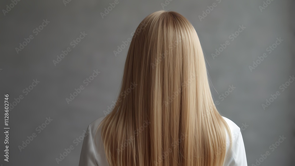 A woman with long, straight blonde hair on grey background. Back view, Beauty salon portrait. A woman with long, straight blonde hair on grey background. Back view, Beauty salon portrait.