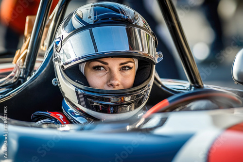 Female racer focuses inside car with helmet and reflective visor