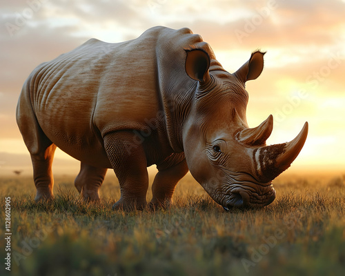 White rhino grazing in African savanna at sunset. photo