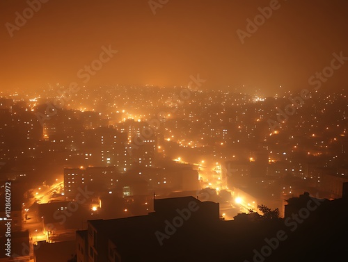 Nighttime Cityscape Hazy Orange Glow Illuminates Buildings photo