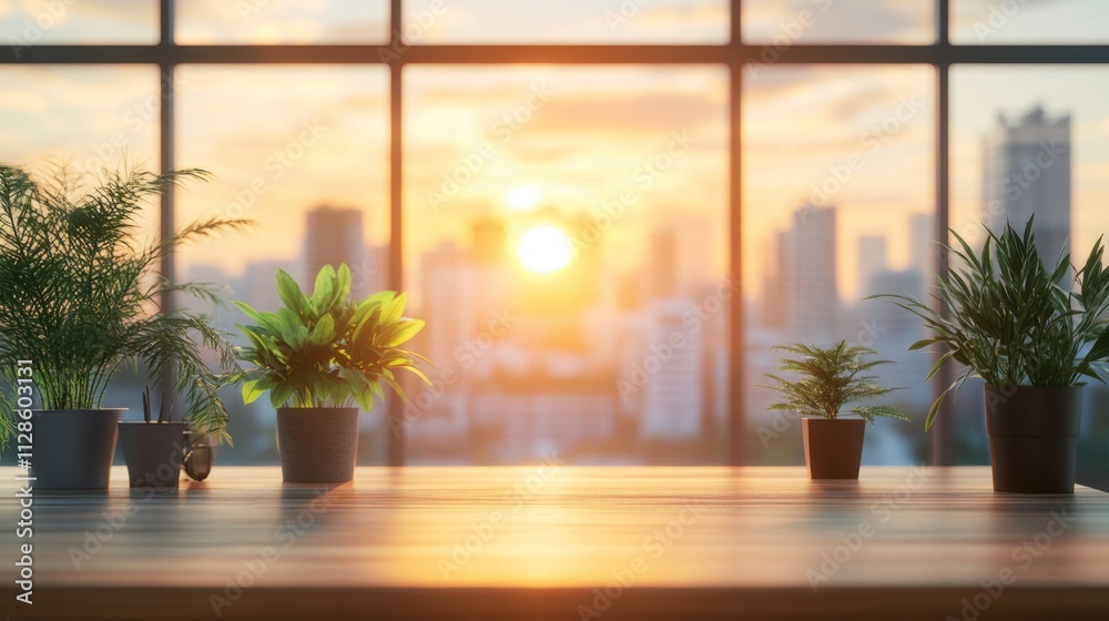 Fototapeta premium Serene Sunset Cityscape View from Office Window with Indoor Plants