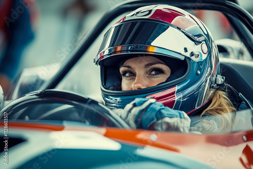 Female racer focused in helmet inside race car ready to start